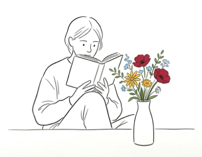 Line drawing of person reading a book with vase of flowers in front.