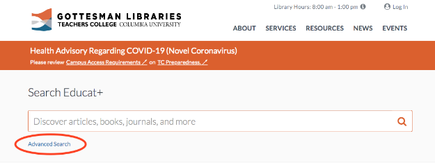 A screenshot of the Search Educat+ bar on the Gottesman Libraries homepage with the Advanced Search link circled in red