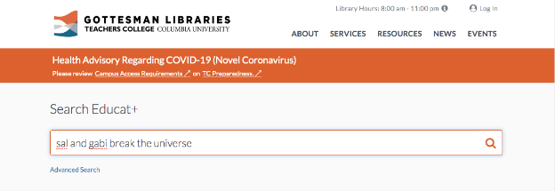 a screenshot of the Search Educat+ bar on the Gottesman Libraries homepage with the title