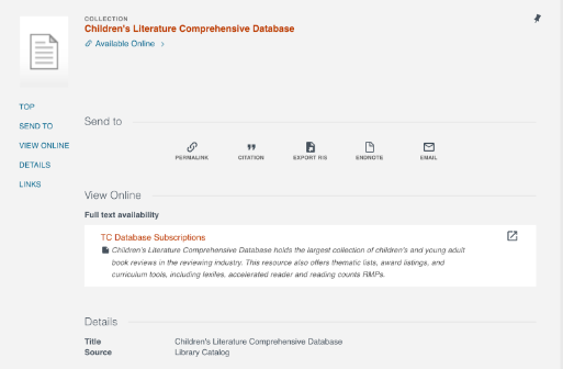 the record for Children's Literature Comprehensive Database in Educat