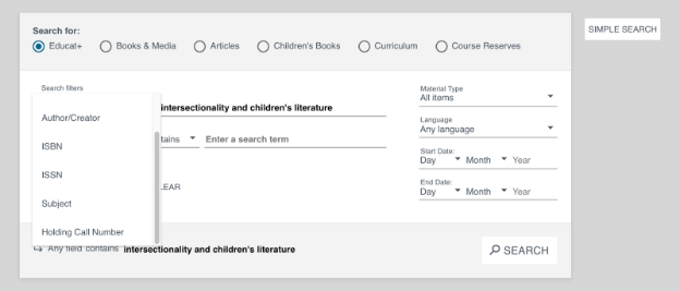 a screenshot of an advanced search in educat