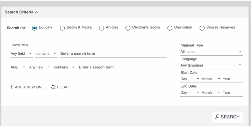 A screenshot of the Educat advance search page