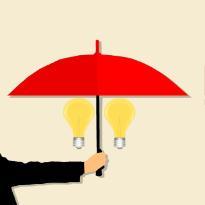 A graphic of a hand holding an umbrella over two light bulbs