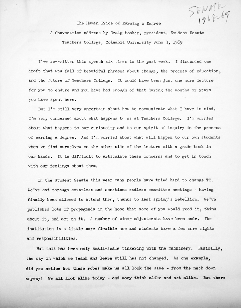 page 1 of Craig Mosher's convocation speech