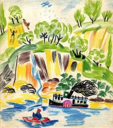 a painting of a landscape with a swimming hole and trees