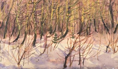 a painting of a forest in the winter