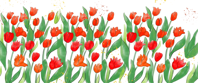 a painting of red tulips and green leaves