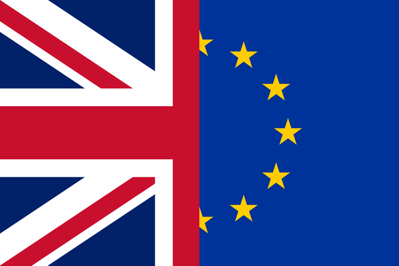 Half of the British flag next to half of the EU flag