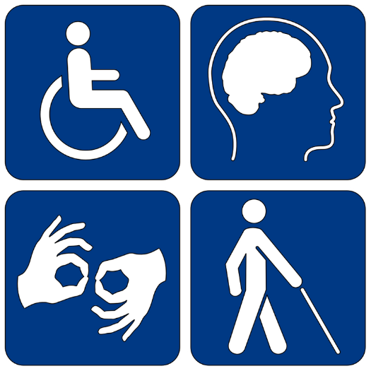 An image displaying four disability symbols for physical, auditory, visual and cognitive disabilities courtesy of Wikimedia