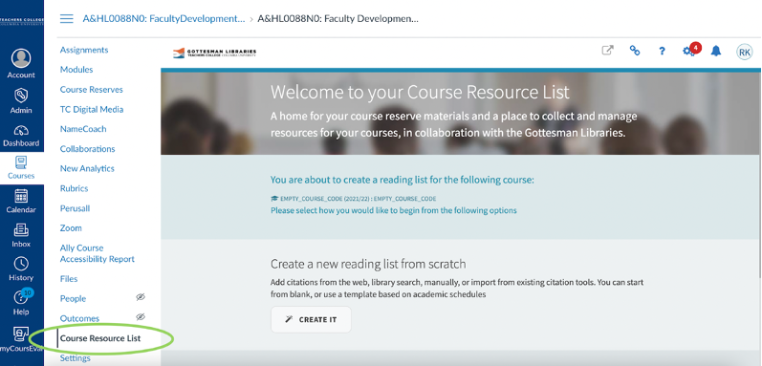 Screenshot of welcome page to Course Resource Lists