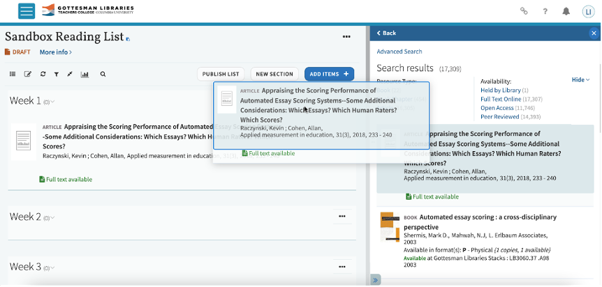Screenshot of dragging and dropping a resource found in a library search to a Course Resource List.