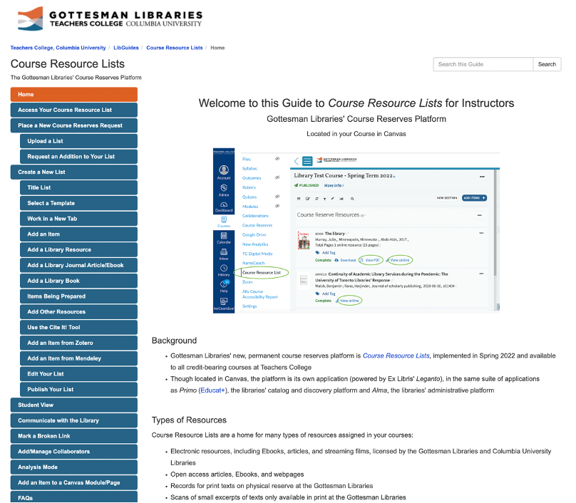 Screenshot of Guide to Course Resource Lists for Instructors