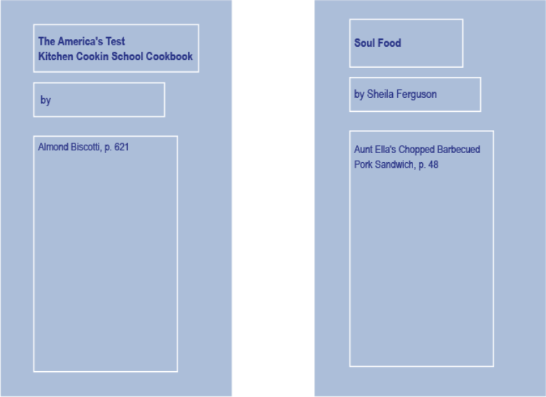 Two blue cards with the title of two cooking books: The America's Test Kitchen Cooking School Cookbook and Soul Food