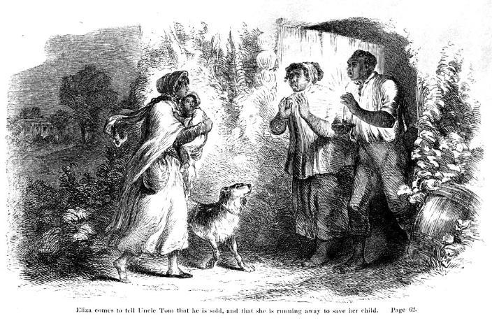 Fullpage illustration by Hammatt Billings for Uncle Tom's Cabin [First Edition: Boston: John P. Jewett and Company, 1852]. Shows characters of Eliza, Harry, Chloe, Tom, and Old Bruno.