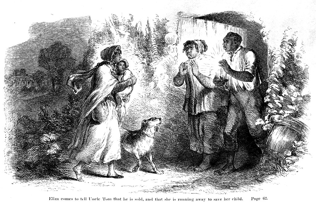 Fullpage illustration by Hammatt Billings for Uncle Tom's Cabin [First Edition: Boston: John P. Jewett and Company, 1852]. Shows characters of Eliza, Harry, Chloe, Tom, and Old Bruno.