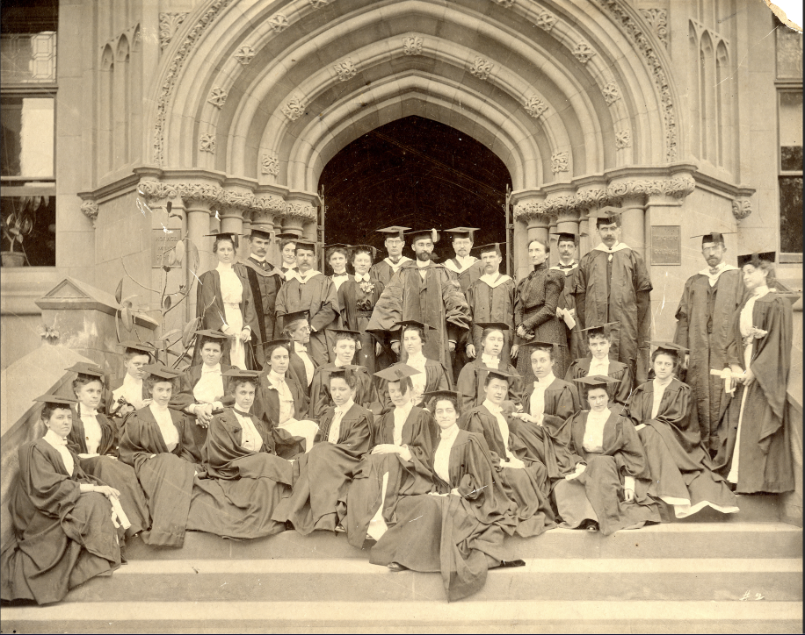 Commencement Group, Teachers College Graduates And Faculty On The Steps Of The Main Building. (1898)