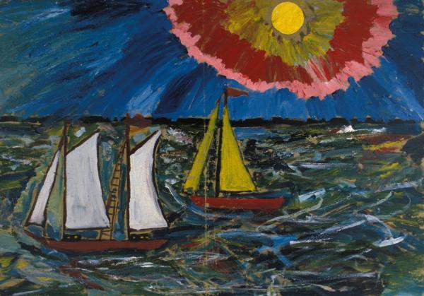 Painting of two boats at sea with the sun and blue sky in background