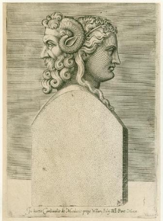 Content: Janus, depicted with two faces, in an etching for a book. The etching is of a bust of Janus viewed in profile to show the double faces of the figure.