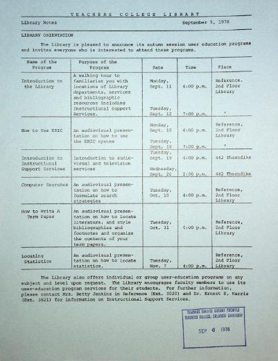 Typed sheet listing workshops for the 1978 academic year at Teachers College
