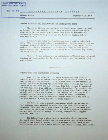 A bulletin from 1978 describing the outcomes of the first library instruction workshop focused on accessibility of resources for those with disabilities.