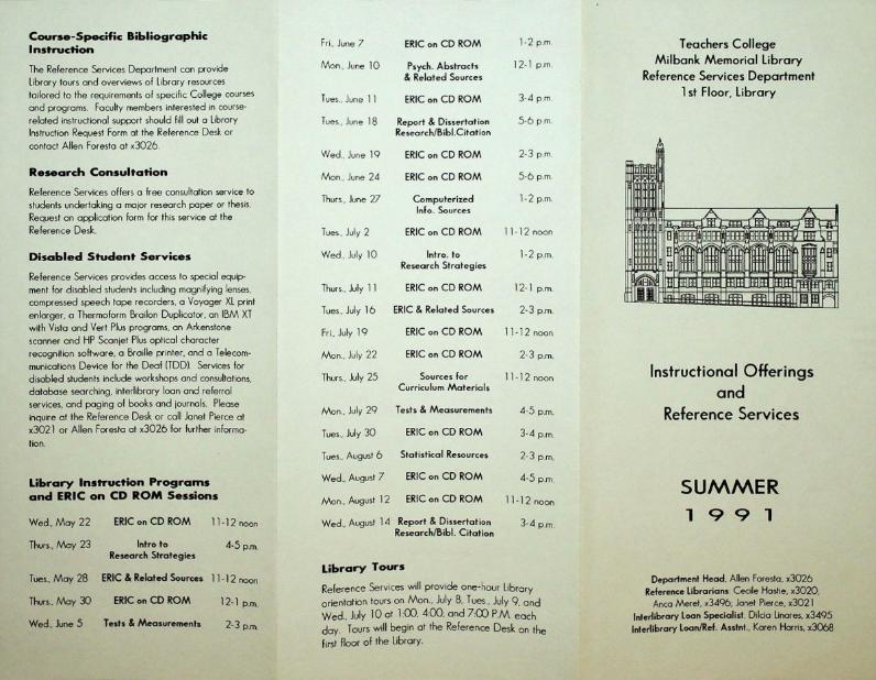 A list of instructional offerings at Teachers College Library in the Summer of 1991