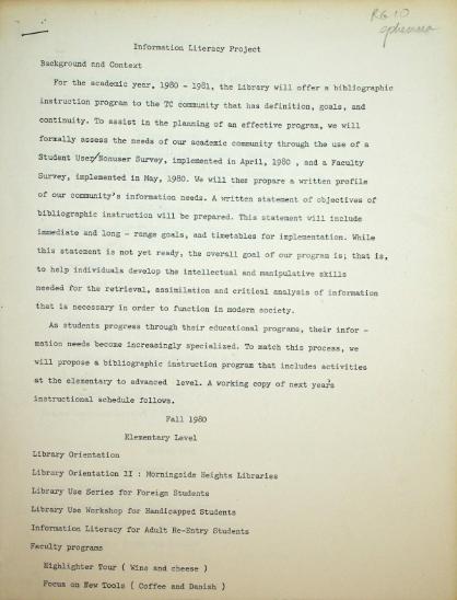 Typed sheet of a proposal for introducing information literacy content for the 1980-81 academic calendar at Teachers College library.