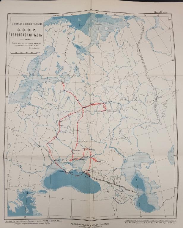 A map detailing Professor George S. Counts automobile journey through Russia, including Moscow.