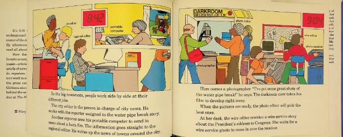 Illustration depicting newspaper staff in production.