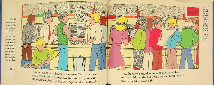 Illustration depicting newspaper staff creating the layout.