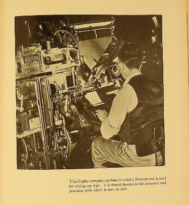 Black and white photograph depicting staff working a linotype machine.