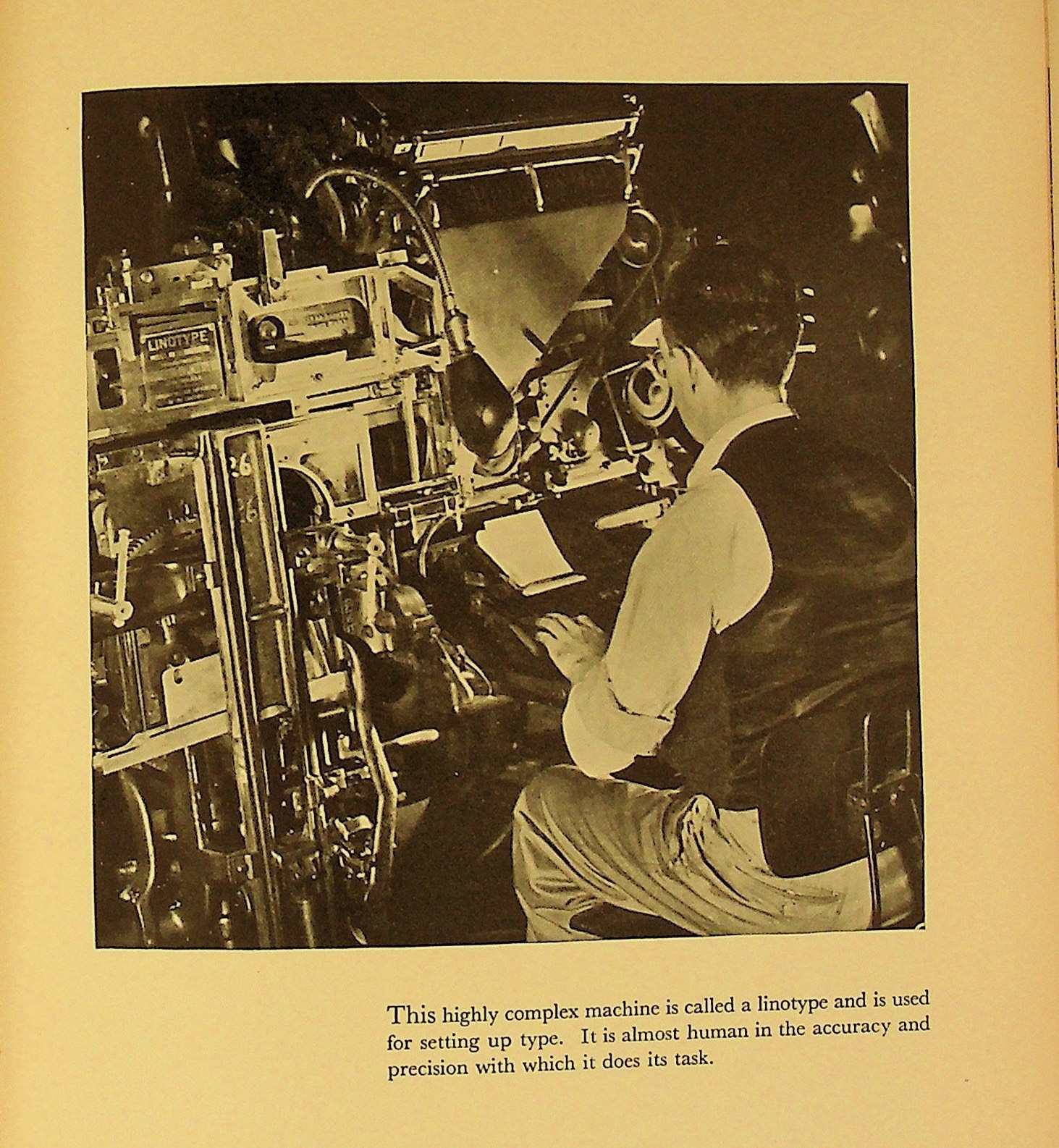 Black and white photograph depicting staff working a linotype machine.