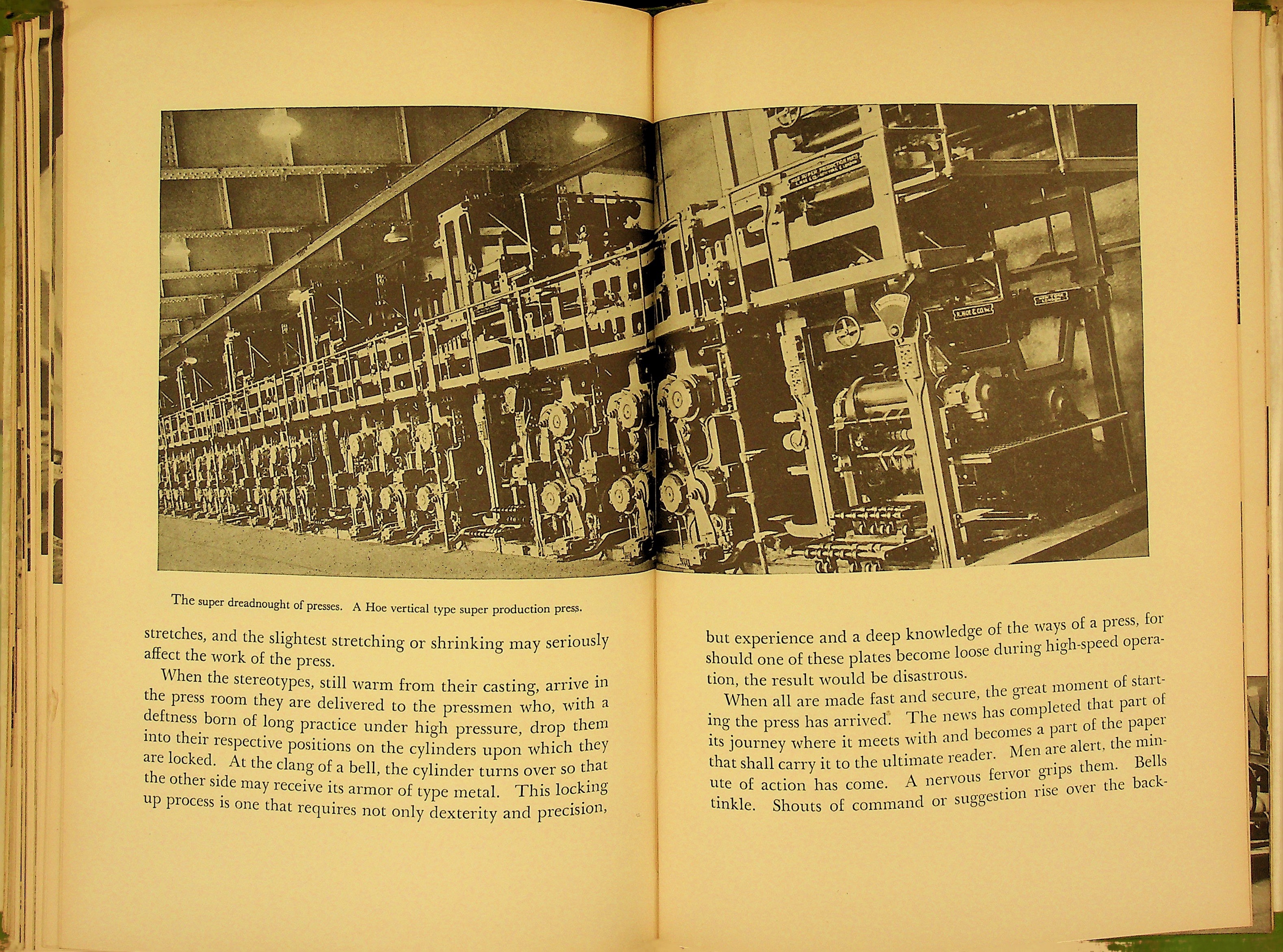Black and white image depicting a super production press.