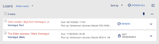 A view of the patron portal in the library catalog, showing one loan that is renewable and another that is not