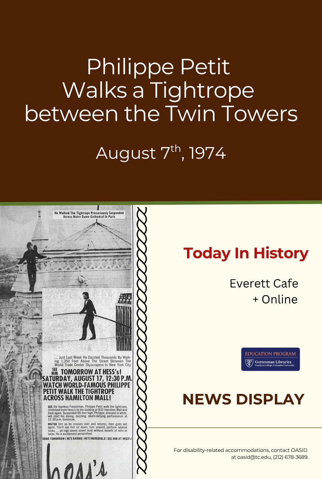 Poster with Advertisement from Hess' Dept. Store in Allentown, PA of Petit Walking a Tightrope