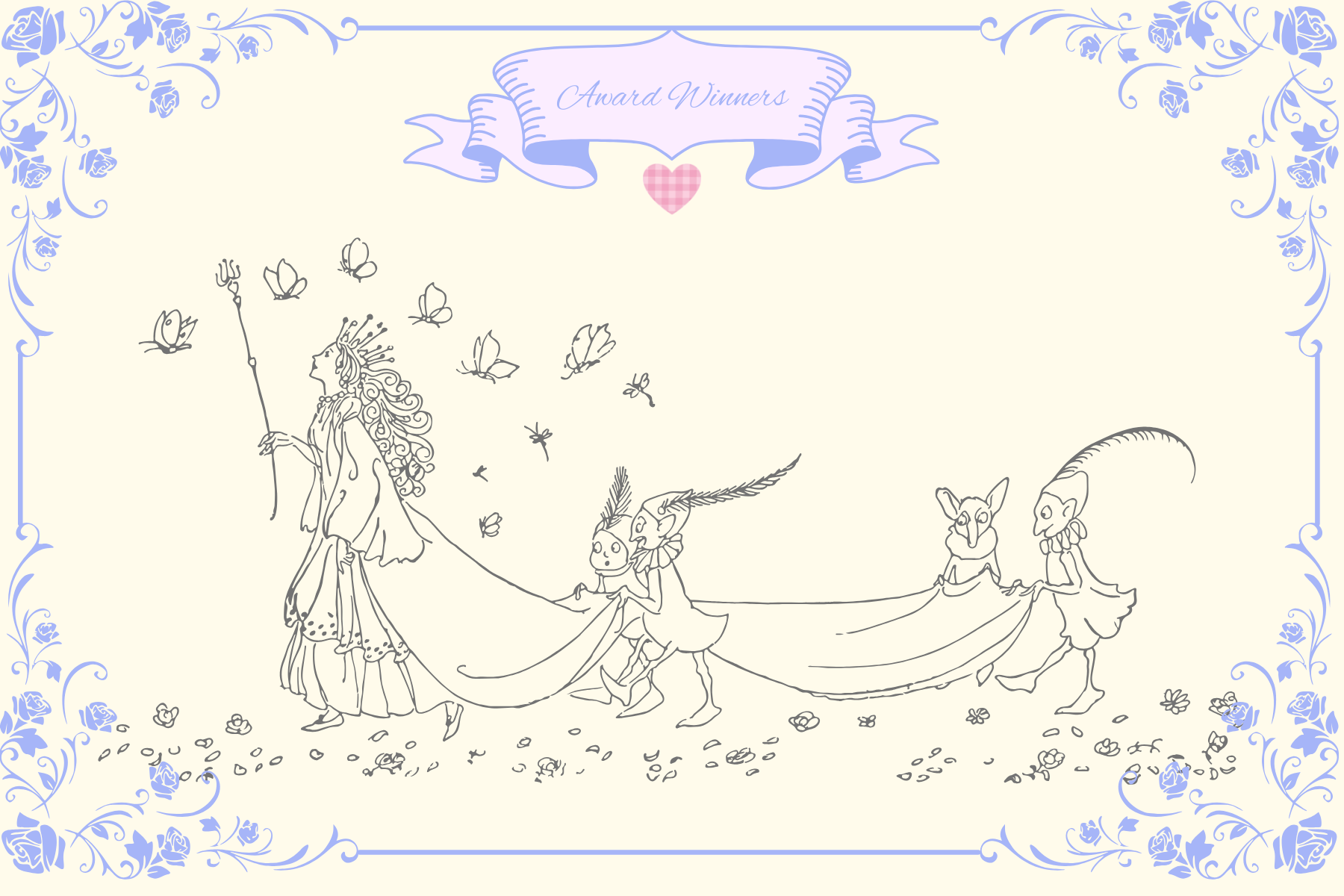 Fairty_tale_characters_with a rose border and ribbon at the top