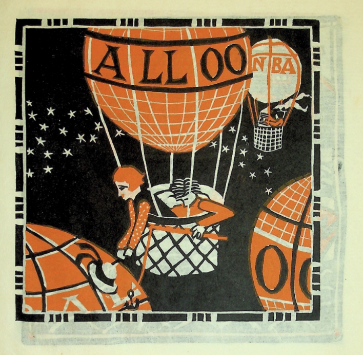 Two Figures in an Orange Balloon, surrounded by other balloons in the night