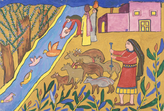 Canal with Shepherdess, goats, women collecting water, and waterfowl