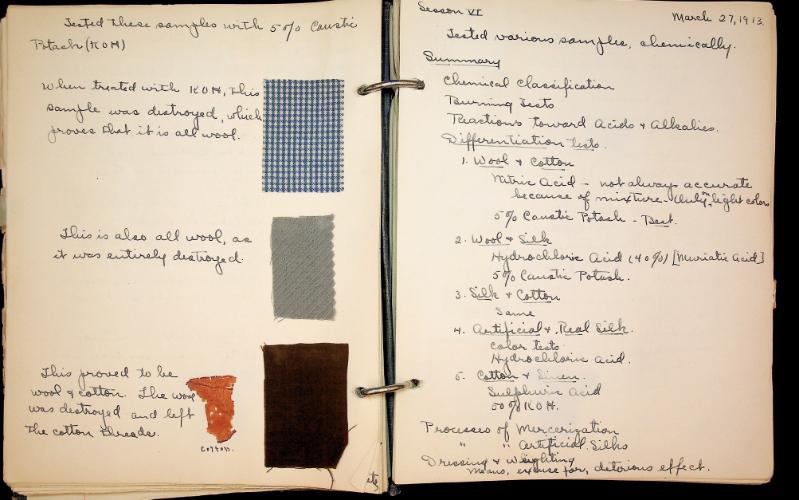 Two open face pages of a notebook featuring fabric swatches and notes on chemical tests.