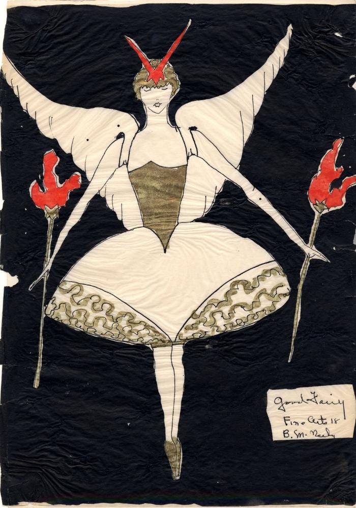 McNeeley’s illustration depicts a woman with white, feathered wings, dressed in a gold bodice, and white tutu-like skirt with gold trim. She wears gold shoes and holds fiery, long-stemmed torches in each hand. Her arms frame the shape of her tutu. She also wears a red v-shaped headpiece that sits on top of her golden hair.