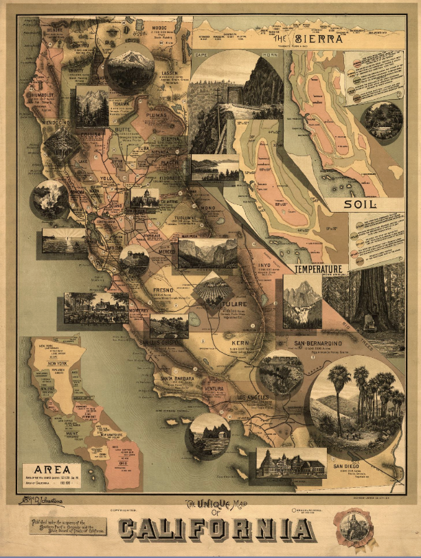 A Map of California, with temperature, soil, land area, and scenic images, like Yosemite