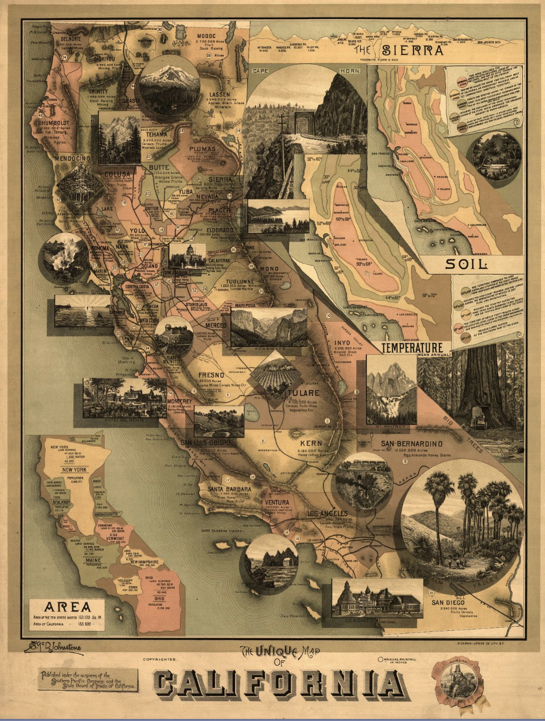 A Map of California, with temperature, soil, land area, and scenic images, like Yosemite
