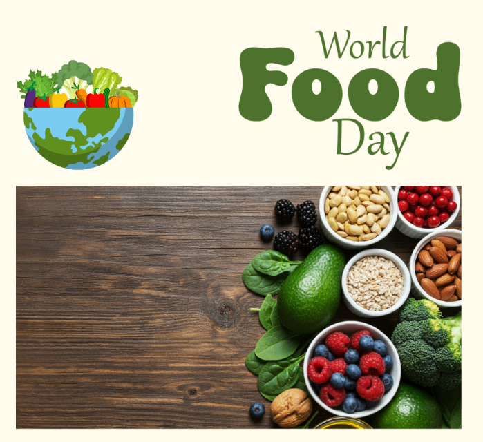 Image of fruit, nuts & vegetables on a table; a bowl in the shape of the world with fresh produce