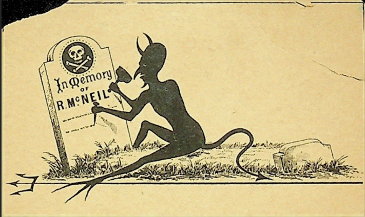 Book plate with horned figure carving a name into tombstone