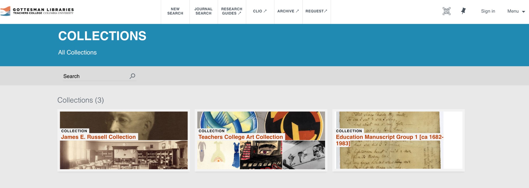 shows three soft launch collections: James Earl Russell, Teachers College Art Collection, and Education Manuscripts