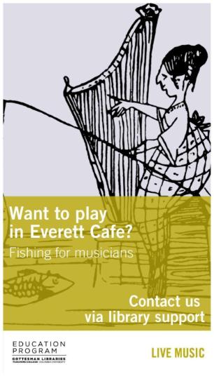 Line drawing of a woman playing the harp with the right hand and holding a fishing rod trying to catch fish on the left hand.
