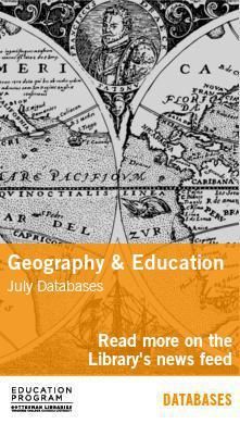 Flyer with an old version of the map of the world advertising July databases - Geography and Education