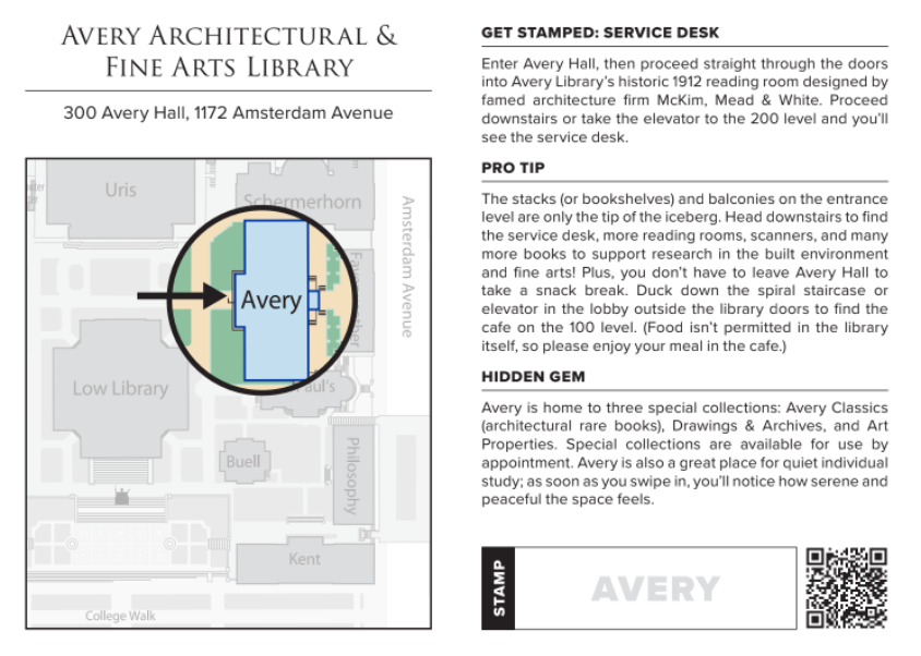 The map of Columbia University highlighting one library and text describing the library.