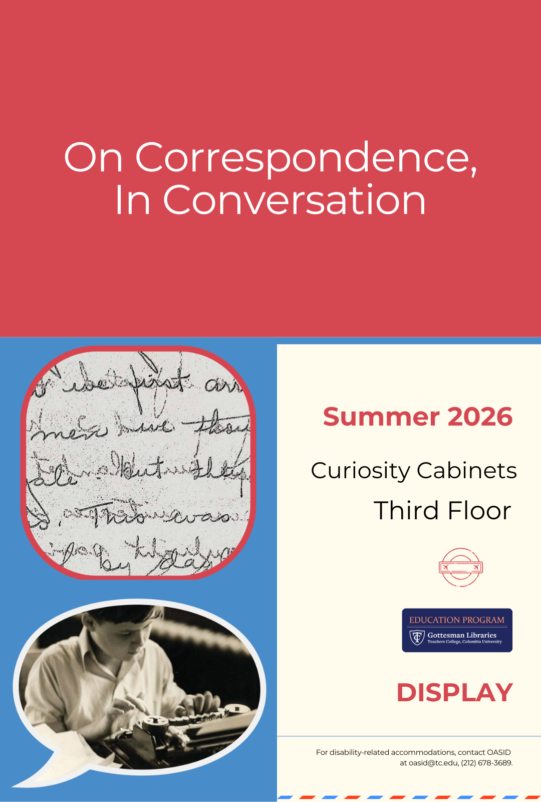 Poster Image of a Handwritten Letter in a Conversation Bubble and Young Male Student Typing a Letter