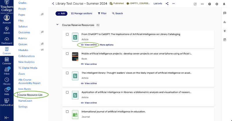 Instructor view of course resource list from within Canvas - course resource list link in left navigation menu and view online link under list item circled