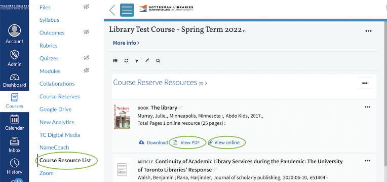 Course Resource List - Student View